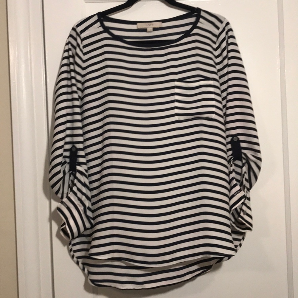 Loft Navy & White Striped Long Sleeve Blouse